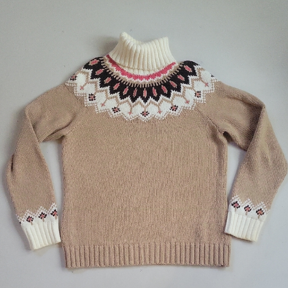 Lands' End Beige and White Turtleneck Sweater